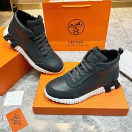 Мужские высокие кожаные кроссовки Hermes с замшевыми вставками серые 2024