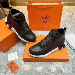 Мужские высокие кожаные кроссовки Hermes с замшевыми вставками коричневые 2024