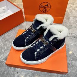 Мужские высокие замшевые кроссовки Hermes на меху синие 2024