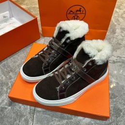 Мужские высокие замшевые кроссовки Hermes на меху коричневые 2024