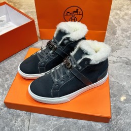 Мужские высокие замшевые кроссовки Hermes на меху серые 2024