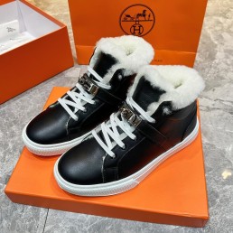 Мужские высокие кожаные кроссовки Hermes на меху черные 2024