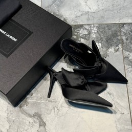 Женские текстильные мюли Saint Laurent черные с лентой каблук 10 см 2024