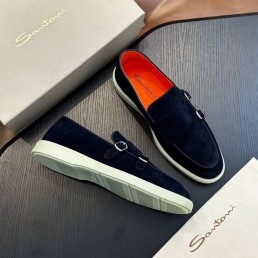 Мужские замшевые лоферы Santoni синие с пряжками 2025