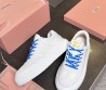 Женские кожаные кроссовки Miu Miu белые с голубыми шнурками 2025