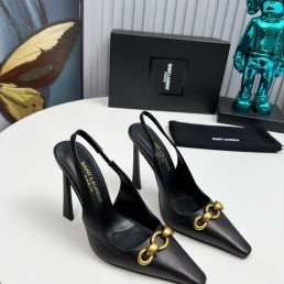 Женские кожаные туфли Saint Laurent черные с золотым украшением каблук 11 см 2025