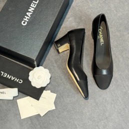 Женские кожаные туфли Chanel черные с текстильным носом каблук 6 см 2025