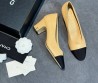 Женские кожаные туфли Chanel бежевые с черным текстильным носом каблук 6 см 2025