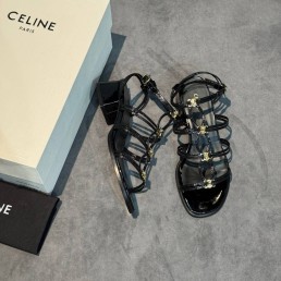 Женские кожаные босоножки Celine черные лакированные 2025