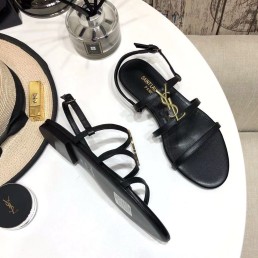 Женские кожаные босоножки Saint Laurent черные с логотипом 2025