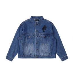 Женская джинсовая куртка Chrome Hearts синяя с черными нашивками в виде крестов 2025