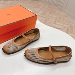 Женские кожаные балетки Hermes с сеткой коричневые 2025