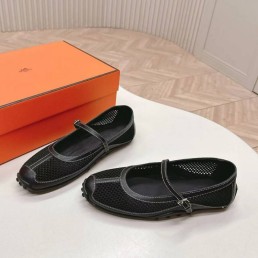 Женские кожаные балетки Hermes с сеткой черные 2025