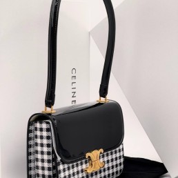 Женская кожаная сумка Celine черная с белым в клетку 22х16 2025