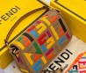 Женская текстильная сумка Fendi коричневая с разноцветными буквами 20х10 2025
