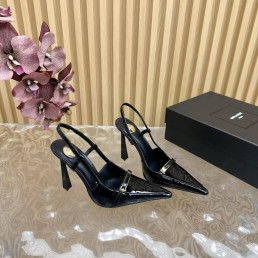 Женские кожаные туфли Saint Laurent черные лакированные с открытой пяткой каблук 11 см 2025
