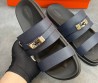 Мужские кожаные шлепанцы Hermes синие с пряжкой 2025
