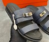 Мужские кожаные шлепанцы Hermes синие с пряжкой 2025