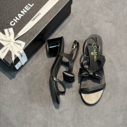 Женские кожаные босоножки Chanel черные с бантиком 2025