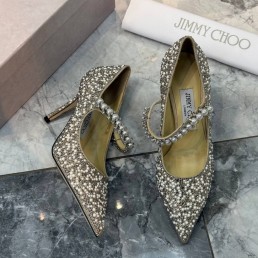 Женские текстильные туфли в стразах Jimmy Choo серные с ремешком 2025