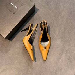 Женские кожаные туфли Saint Laurent коричневые каблук 9 см 2025