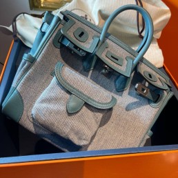 Женская комбинированная сумка Hermes Birkin Cargo голубая 25 см 2025