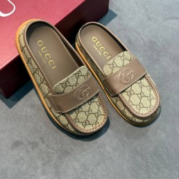 Женские комбинированные мюли Gucci серые с коричневым 2025