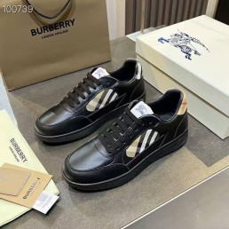 Мужские кожаные кроссовки Burberry черные с бежевыми текстильными вставками 2025