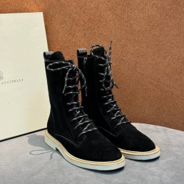 Женские замшевые сапоги со шнурками Brunello Cucinelli черные 2025