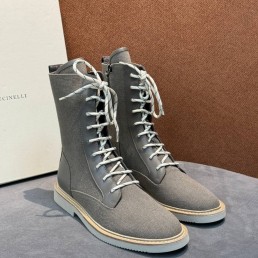 Женские текстильные сапоги со шнурками Brunello Cucinelli серые 2025