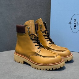 Мужские кожаные ботинки Prada коричневые со шнурками 2025