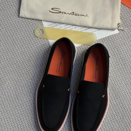 Мужские кожаные лоферы Santoni черные с оранжевым 2025