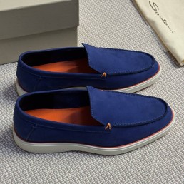 Мужские кожаные лоферы Santoni синие с оранжевым 2025