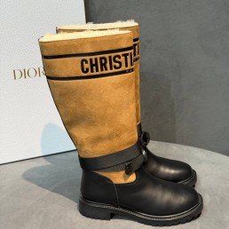 Женские комбинированные сапоги Christian Dior черные с коричневым на меху 2025