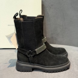 Женские замшевые ботинки Brunello Cucinelli черные с бусинами 2025