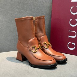 Женские кожаные сапоги Gucci коричневые каблук 5 см 2025