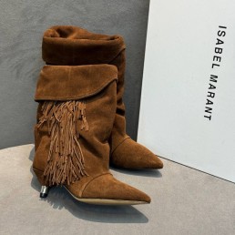 Женские замшевые сапоги Isabel Marant коричневые с бахромой 2025