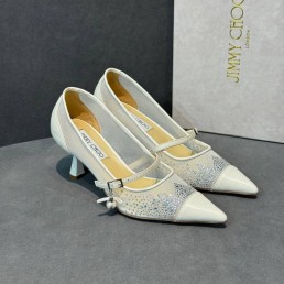 Женские комбинированные туфли Jimmy Choo Black Panache белые со стразами каблук 6,5 см 2025