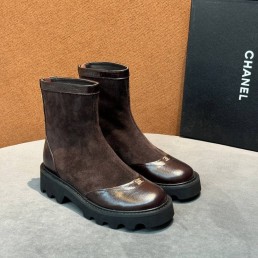 Женские комбинированные ботинки Chanel коричневые с молнией сзади 2025