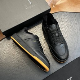 Мужские кожаные кроссовки с мехом Saint Laurent черные 2026