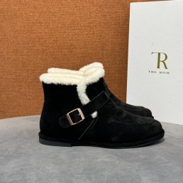 Женские замшевые ботинки с мехом The Row черные с пряжкой 2026