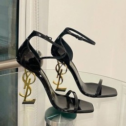 Женские кожаные босоножки Saint Laurent Opium черные лакированные с золотым каблуком 11 см 2026
