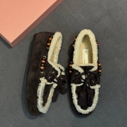 Замшевые лоферы Miu Miu темно-коричневые с мехом 2026