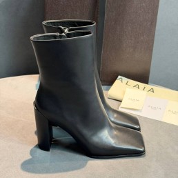 Женские кожаные ботильоны Alaia черные с квадратным носом каблук 10 см