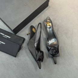 Женские текстильные туфли Saint Laurent черные с цветком каблук 5 см 2026