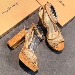 Женские комбинированные босоножки Gianvito Rossi Rania Platform Sandal бежевые со стразами каблук 11,5 см 2026