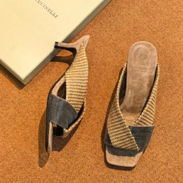 Женские комбинированные мюли Brunello Cucinelli бежевые каблук 5,5 см 2026