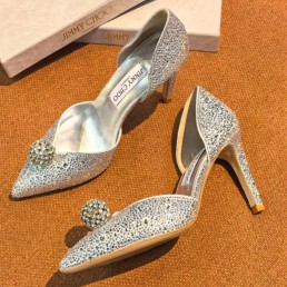 Женские кожаные туфли Jimmy Choo серебристые в стразах каблук 10 см 2026