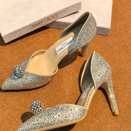 Женские кожаные туфли Jimmy Choo бежевые в стразах каблук 10 см 2026