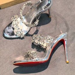 Женские комбинированные босоножки Christian Louboutin серебристые со стразами каблук 10 см 2026